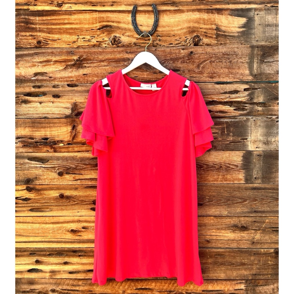 HALOGEN | Cold Shoulder Flutter Sleeves Shift Dress Pink Teaberry Coral L